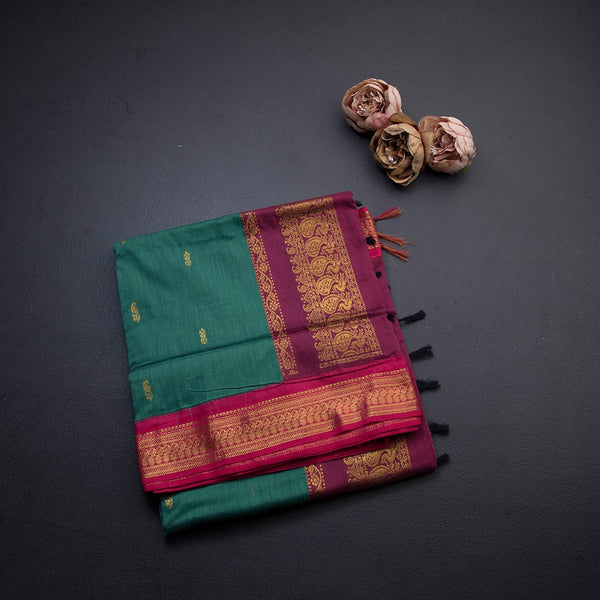 Kalyani Cotton Peacock Green Saree With Zari Buttas And The Border