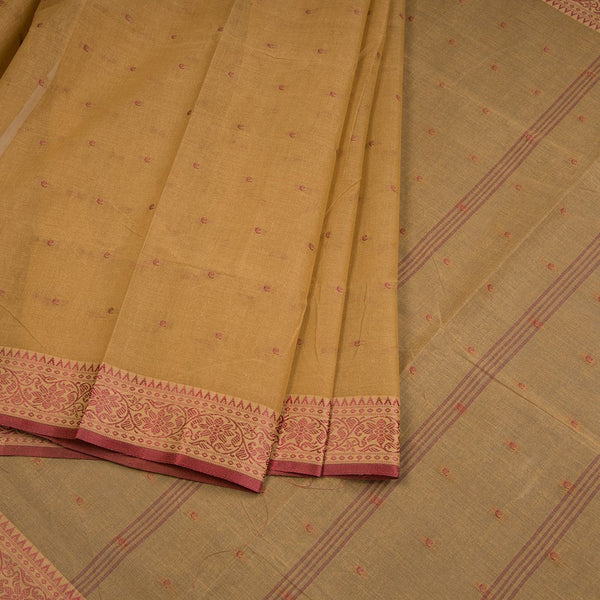 Bengali Cotton Light Golden Brown Thread Embossed Saree Without Blouse