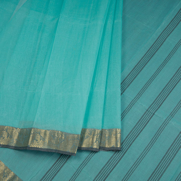 Bengali Cotton Turquoise Blue Thread Embossed Saree Without Blouse