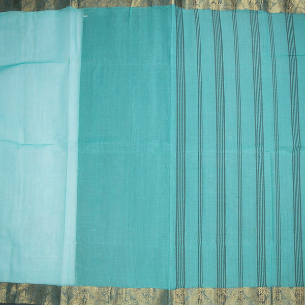 Bengali Cotton Turquoise Blue Thread Embossed Saree Without Blouse