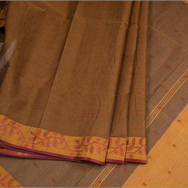 Bengali Cotton Golden Brown Thread Embossed Saree Without Blouse