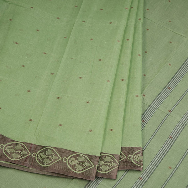 Bengali Cotton Light Green Thread Embossed Saree Without Blouse 04