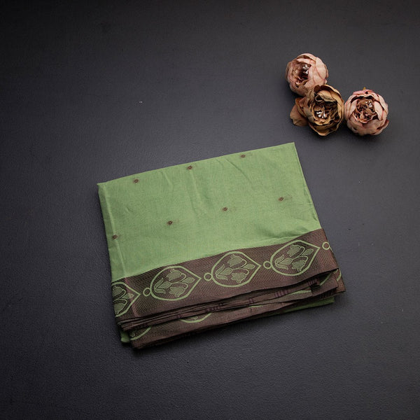 Bengali Cotton Light Green Thread Embossed Saree Without Blouse 04