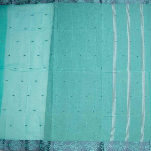 Bengali Cotton Turquoise Blue Thread Embossed Saree Without Blouse 02