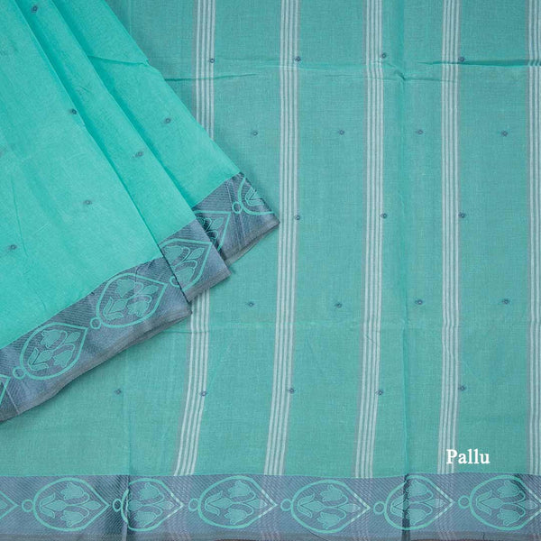 Bengali Cotton Turquoise Blue Thread Embossed Saree Without Blouse 02