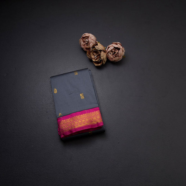 Art Silk Grey Saree With Zari Buttas And Contrast Border