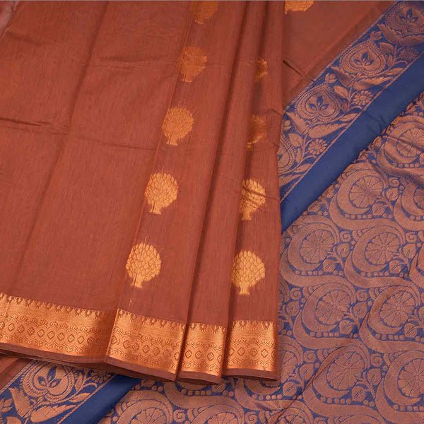 Silk Cotton Cinnamon Brown Zari Worked Saree