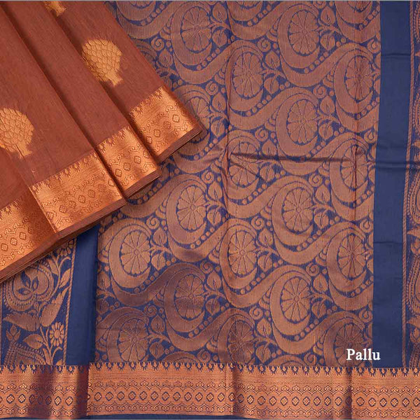 Silk Cotton Cinnamon Brown Zari Worked Saree