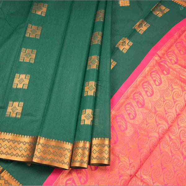 Silk Cotton Dark Green Zari Worked Saree 05