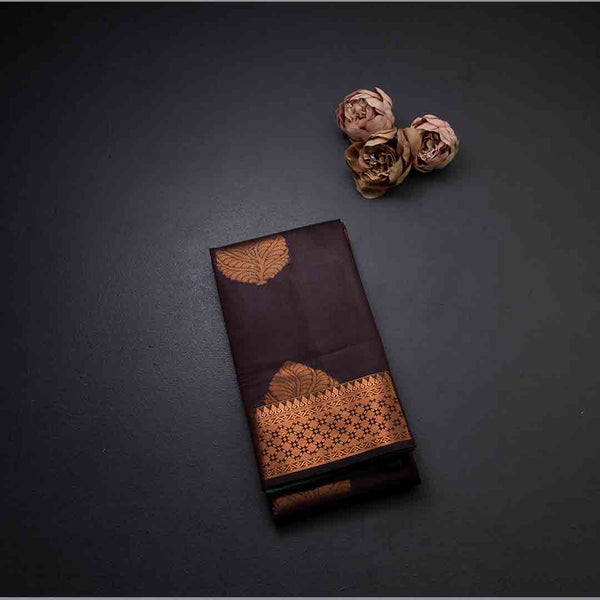 Silk Cotton Dark Brown Zari Worked Saree 04