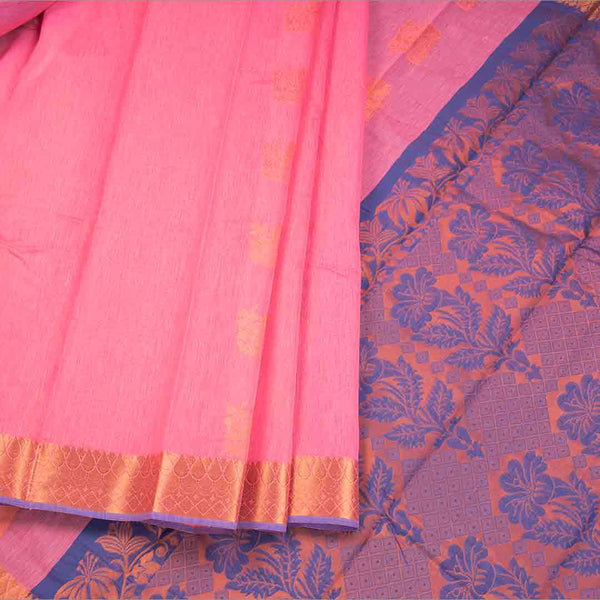Silk Cotton Rose Pink Zari Worked Saree 04