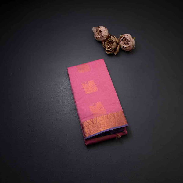 Silk Cotton Rose Pink Zari Worked Saree 04