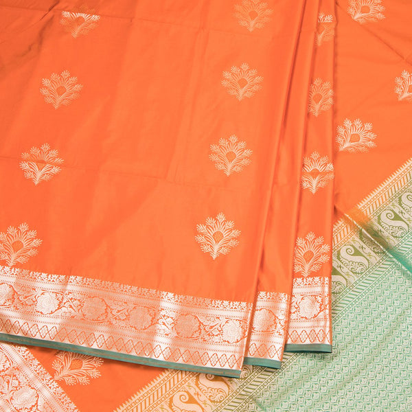Semi Soft Silk Soild Orange With Sage Green Zari Worked Saree