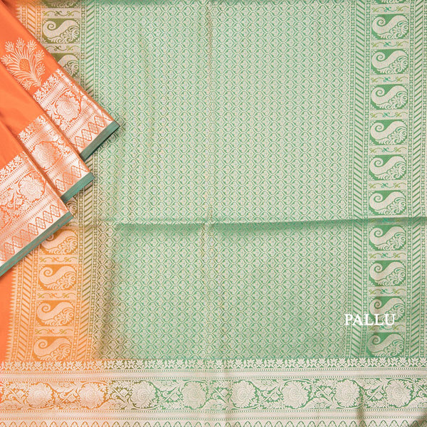 Semi Soft Silk Soild Orange With Sage Green Zari Worked Saree