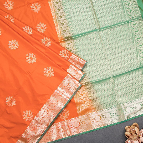 Semi Soft Silk Soild Orange With Sage Green Zari Worked Saree