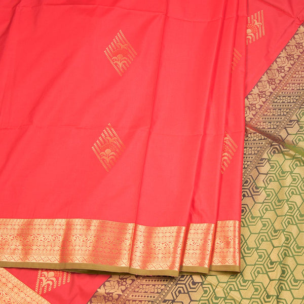 Semi Soft Silk Olive Green With Rouge Pink Zari Worked Saree