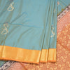 Semi Soft Silk Dusty Blue and Straw Gold With Rust Brown Zari Worked Saree