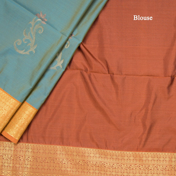 Semi Soft Silk Dusty Blue and Straw Gold With Rust Brown Zari Worked Saree