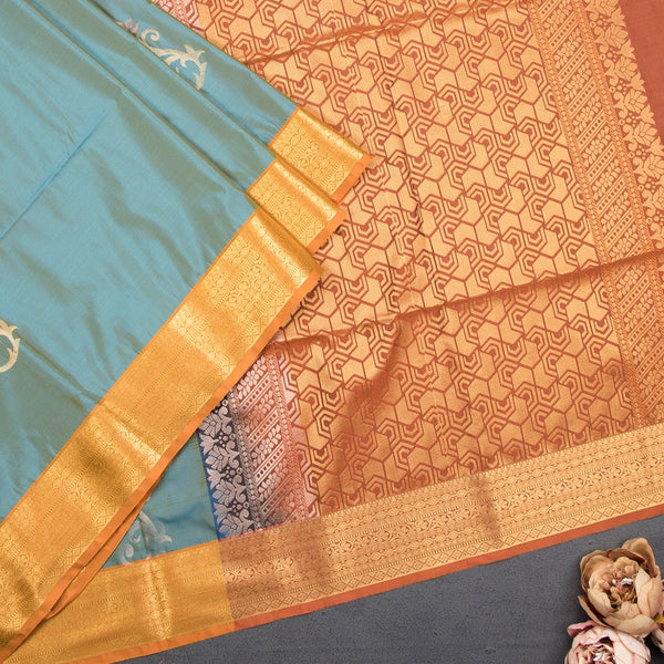 Semi Soft Silk Dusty Blue and Straw Gold With Rust Brown Zari Worked Saree