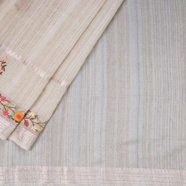 Semi Linen Cream Thread Embroidered Saree 03