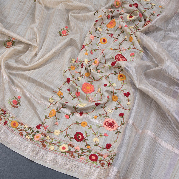 Semi Linen Cream Thread Embroidered Saree 03