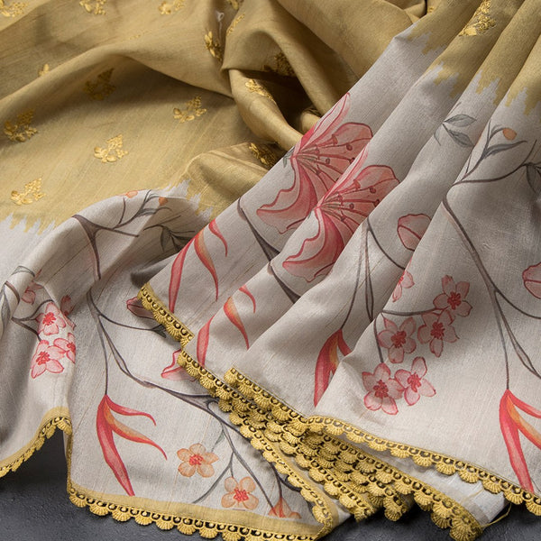 Semi Raw Silk Mustard Embroidered Saree 03