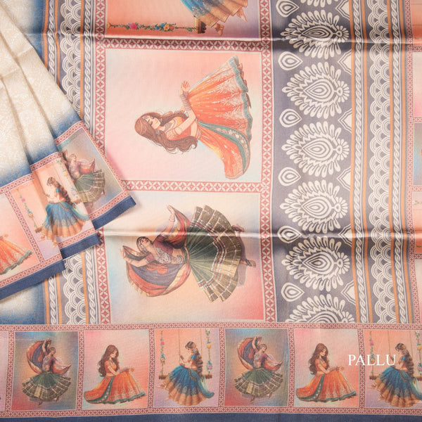 Semi Raw Silk Cream Embossed With Printed On Border