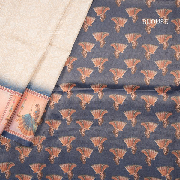 Semi Raw Silk Cream Embossed With Printed On Border