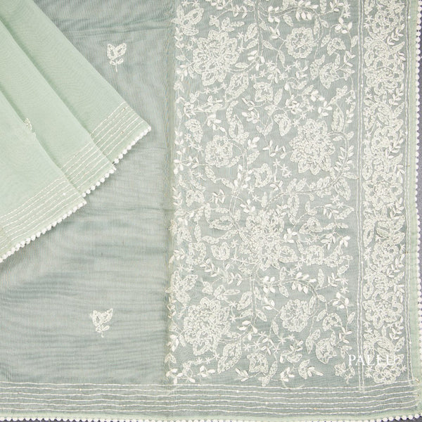 Semi Linen Green Printed With Thread Embroidered Saree