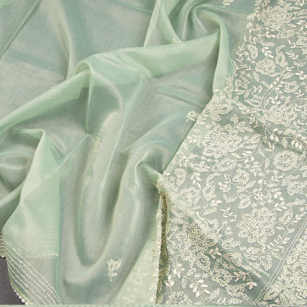 Semi Linen Green Printed With Thread Embroidered Saree