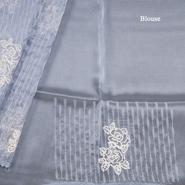 Organza Grey Thread Embroidered Saree 03