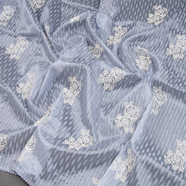 Organza Grey Thread Embroidered Saree 03