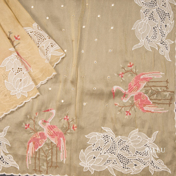 Organza Harvest Yellow Thread Embroidered With Mirror Work Saree