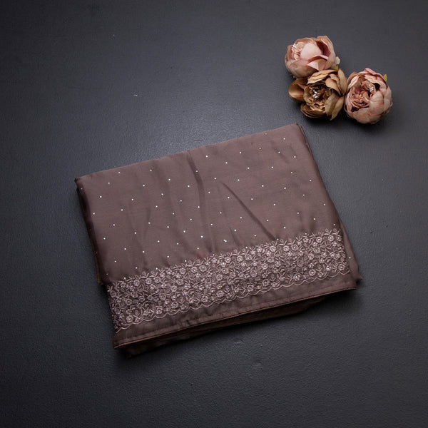 Organza Dark Brown Thread Embroidered With Stone Work Saree