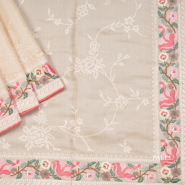 Cream Semi Raw Silk Thread Embroidered Saree 03
