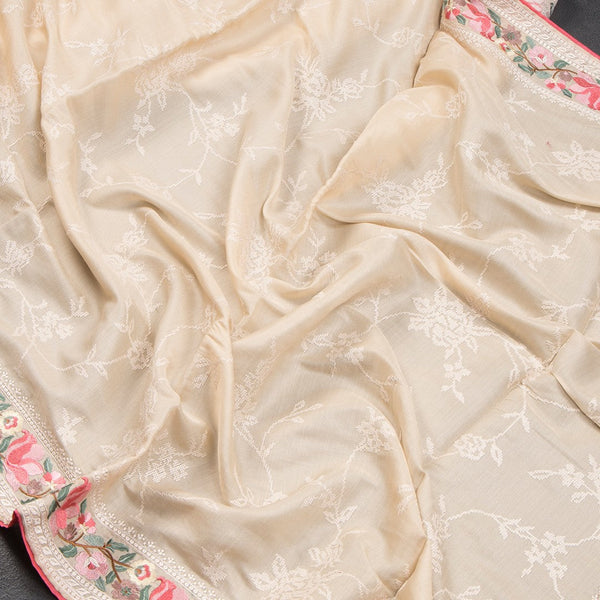 Cream Semi Raw Silk Thread Embroidered Saree 03
