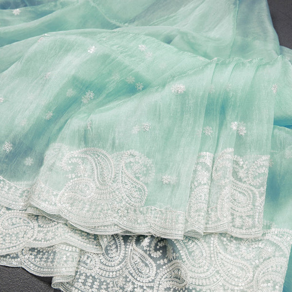 Pista Green Organza Thread Embroidered Saree