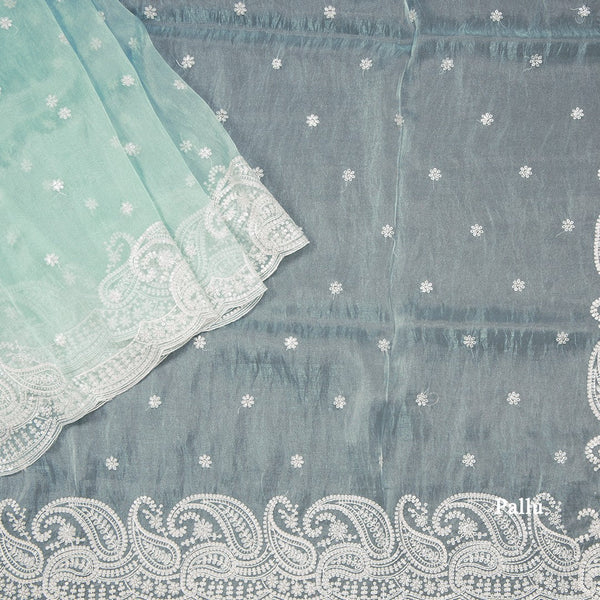 Pista Green Organza Thread Embroidered Saree