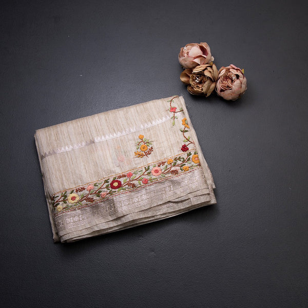 Sandal Semi Linen Thread Embroidered Saree