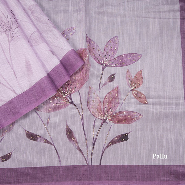 Lavender Semi Raw Silk Printed Sequence Work Embroidered Saree