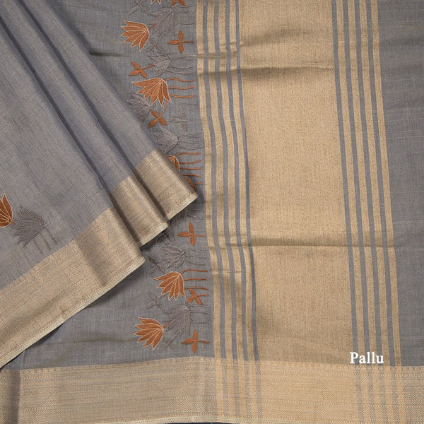 Dark Grey Semi Raw Silk Thread Embroidered Saree