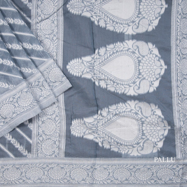 Grey Kota Cotton Thread Embroidered Saree