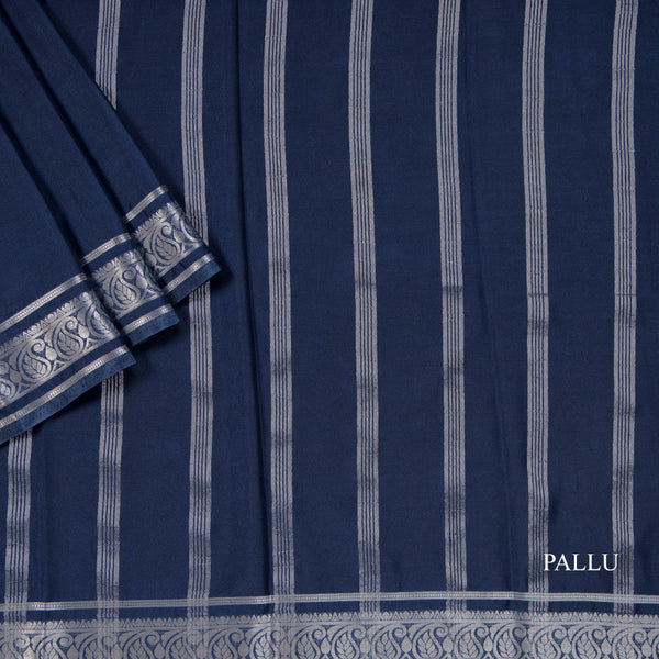 Semi Mysore Silk Dark Denim Blue Plain Saree