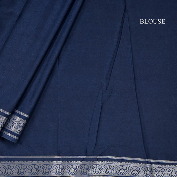 Semi Mysore Silk Dark Denim Blue Plain Saree - Kumaran Silks
