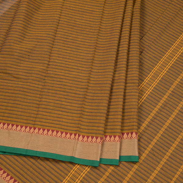 Chettinad Cotton Brown Horizontal Stripe Saree Thread Border Without Blouse