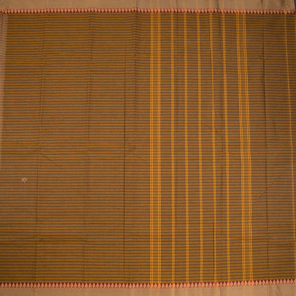 Chettinad Cotton Brown Horizontal Stripe Saree Thread Border Without Blouse