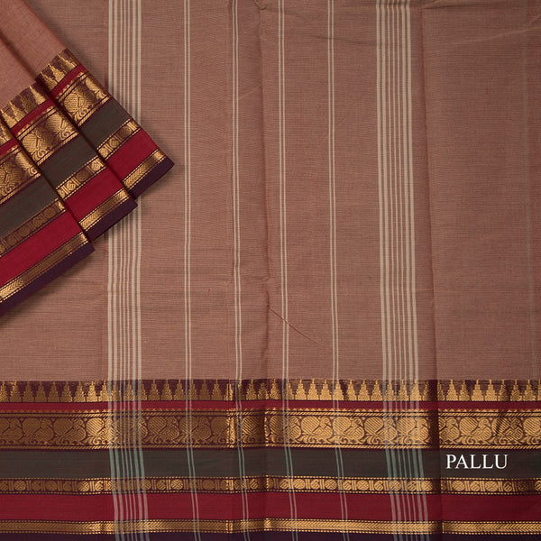 Chettinad Cotton Light Brown Saree Rettapet Border Without Blouse