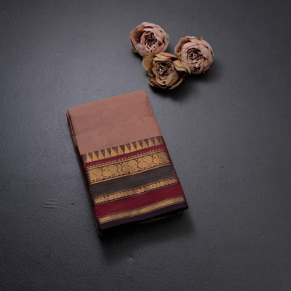 Chettinad Cotton Light Brown Saree Rettapet Border Without Blouse