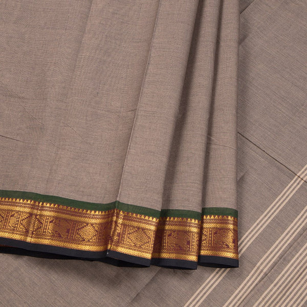 Chettinad Cotton Grey Plain Saree Traditional Zari Border Without Blouse