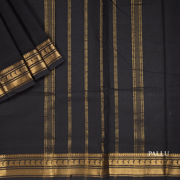 Chettinad Cotton Black Plain Saree Zari Border Without Blouse